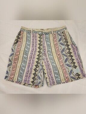 Mens Vintage 90s Y2k Pacific Scene Pastel Aztec Print Denim Surfer Shorts